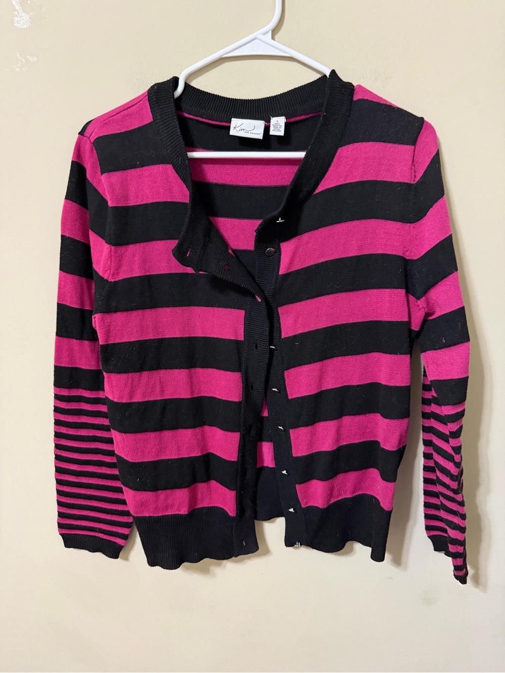 Kim Rogers large Black Fuchsia Striped Button-Up Cardigan rhinestone buttons y2k